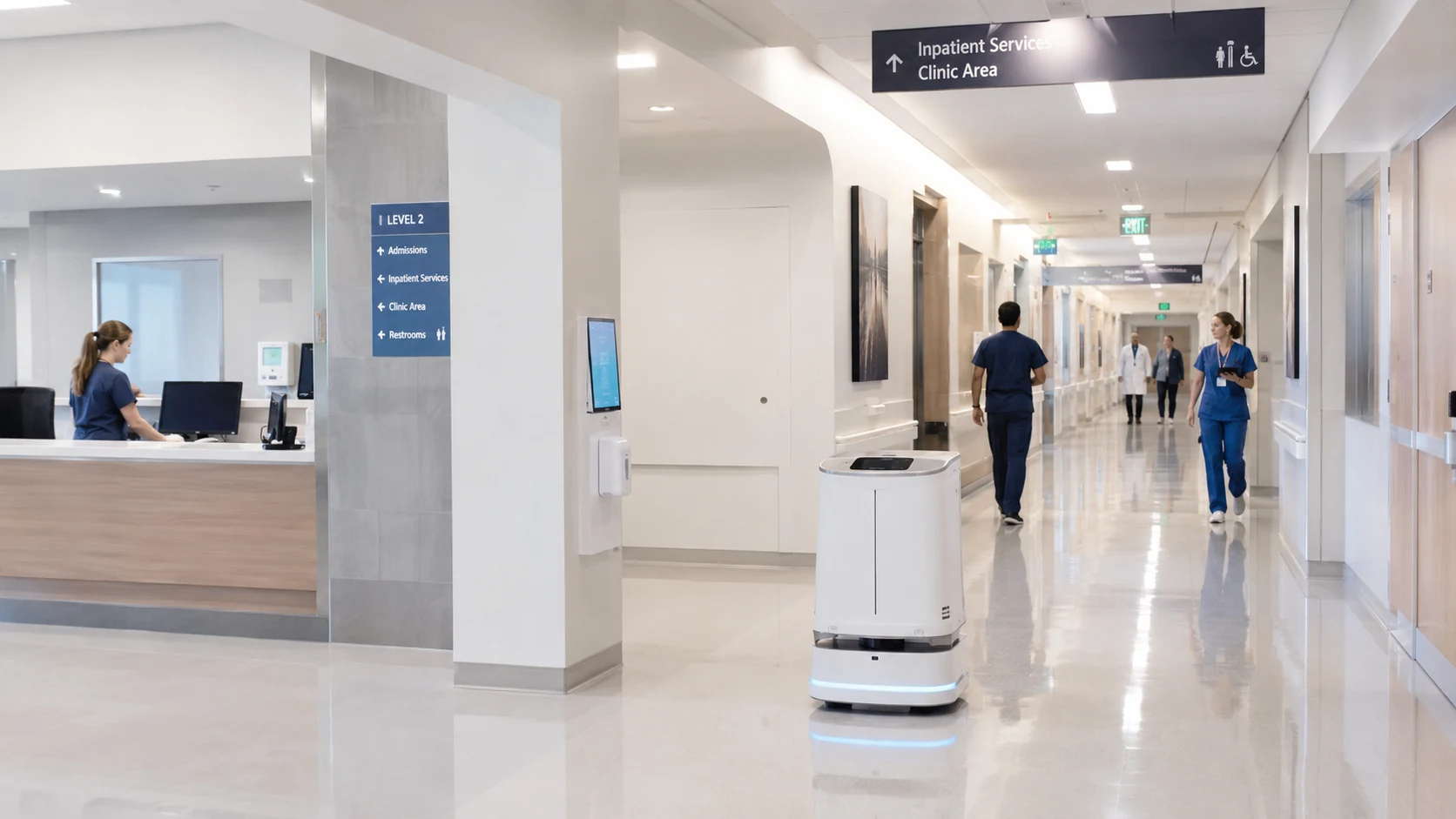 Hospital corridor with service robot