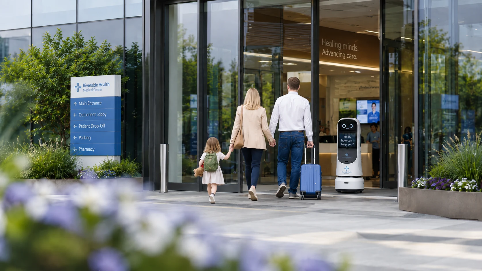 Service robot supporting guest guidance at a building entrance