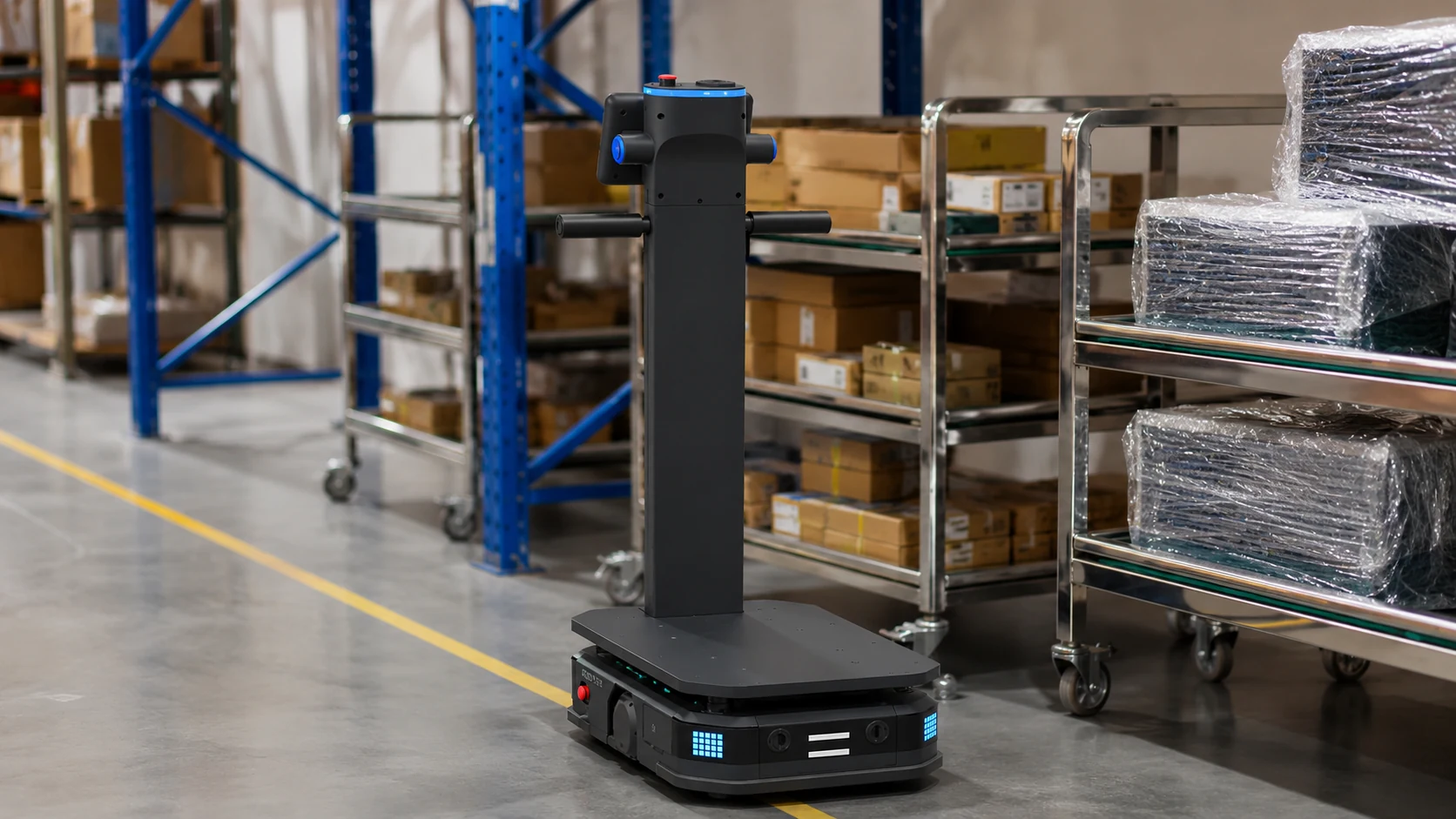 Industrial transport robot operating in a warehouse